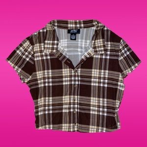 🤎Brown & Beige Plaid Collared 
Button Up Crop Top🤎